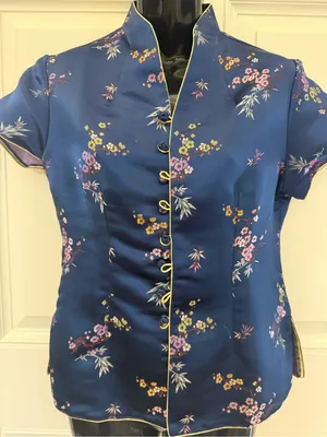 Navy Floral Satin Mandarin thumbnail 1