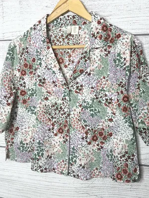 Cynthia Rowley Floral Multicolor Button-Front Cropped Sleep Shirt Size Medium thumbnail 3