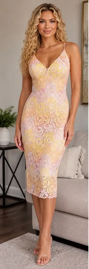 Topshop Floral Lace Midi Dress Pink Yellow Crochet Strappy Bodycon Size 6 thumbnail 1