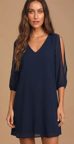 LULUS Shifting Dears Navy‎ Blue Chiffon Cold Shoulder Long Sleeve Shift Dress thumbnail 1
