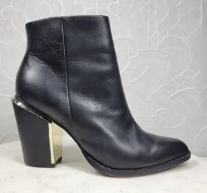 ALDO Leather Ankle Boots Womens 6.5 Black Gold Plate Block Heel Pointed Toe thumbnail 1