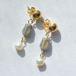 Handmade quality Czech glass flower beads & natural shell pearls chic boho vintage style dangle earrings💚 thumbnail 1