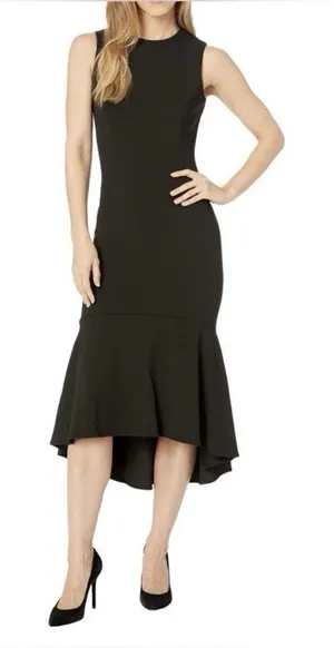 Calvin Klein Black Hi Low Trumpet Sleeveless Stretch Crepe Midi‎ Dress Size 8 thumbnail 1