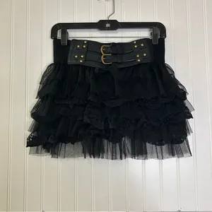 Black Tiered Lace Tulle Mini Skirt Buckle Waist Size Small thumbnail 2