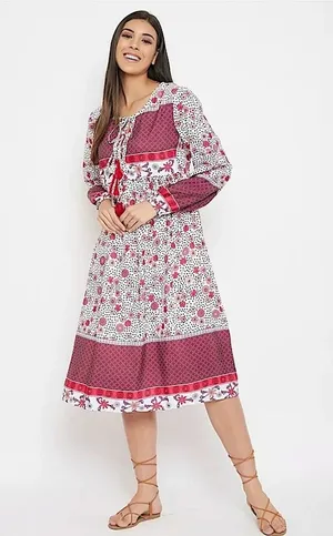 Gypsy Blu Boho Mixed Print Tassels Puff Sleeve Floral Midi Dress Size 3X NEW thumbnail 1