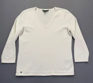 Lauren Ralph Lauren Womens Cream‎ V-Neck Cotton Blend 3/4 Sleeve Sweater Size S thumbnail 1