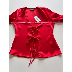 Sirena Red Satin Tie Front Long Sleeve Blouse V-Neck Top Size S NWT thumbnail 4