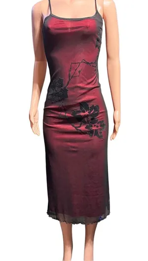 Whistle sleeveless burgundy and black midi mesh overlay and floral print dress M thumbnail 2