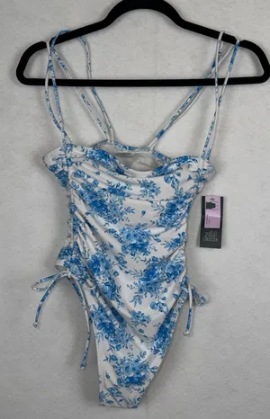 Wild Fable Floral One Piece Swimsuit Women S Blue White Ruched Toile Coquette thumbnail 1