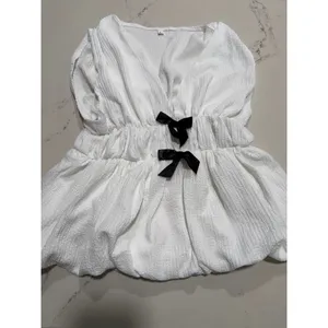 NEW White V Neck Sleeveless Bow Plisse Shirt Tank Top thumbnail 5