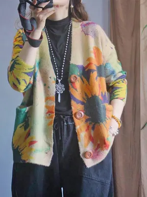 Vintage Sunflower Watercolor Sweater Cardigan thumbnail 1
