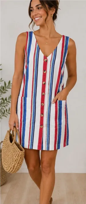 Old Navy railroad Striped Button Front Cotton Shift Dress Sleeveless Pockets thumbnail 1