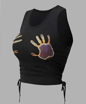 Shein Graphic Handprint Sleeveless Drawstring Ruched crop tank, size small. thumbnail 3