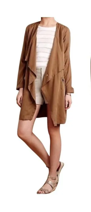 Anthropologie Cartonnier Draped Belted Dress Trench Coat in Copper Brown Size XS thumbnail 1