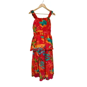 Farm Rio Ipanema Tropical Ruffled Midi Dress Red Palm Tree Cotton Small thumbnail 4