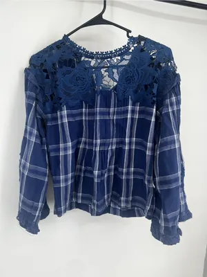 Free people Blue Plaid Lace Yoke Women's Top - Unbranded thumbnail 5