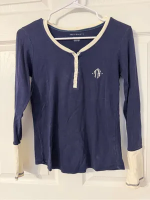 Tommy Hilfiger Navy Long-Sleeve Henley with Cream Trim thumbnail 1