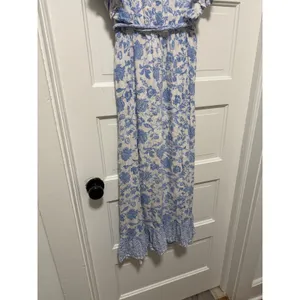 Bohme Blue‎ Floral Toile Ruffle Midi Dress Tie Waist Small thumbnail 16