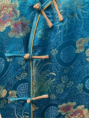 Yuexuan Qipao Dress Shanghai Style Blue Gold Floral Satin Mandarin Collar Y2K thumbnail 12