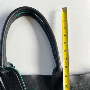 Black Deertan Cowhide Leather Tote Bag Teal Trim Classic‎ Minimalist Purse thumbnail 11