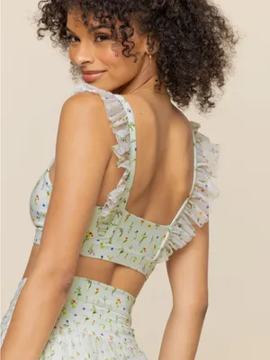 POPFLEX Romance Mesh Ruffle Sports Bra Meadow Floral Print Green XS NEW NWT thumbnail 3