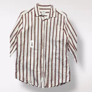 Zara Relaxed Fit Striped Long Sleeve Shirt Womens Size M Brown White‎ thumbnail 4