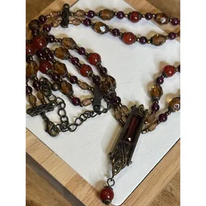 Vintage Multi-Strand Necklace With Red & Amber Beads Bronze Pendant & Chain Intr thumbnail 4