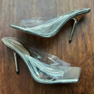 NEW Good American Emma Clear Stiletto Mule Heels Womens Open Square Toe 9 thumbnail 4