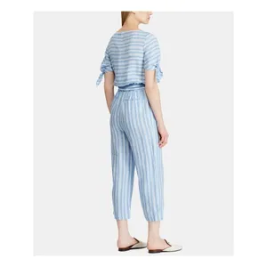 Lauren Ralph Lauren Blue & White Striped 100% Linen Wife Leg Jumpsuit Size 10 thumbnail 2