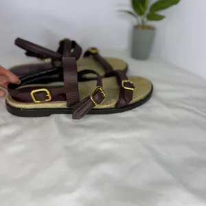 Zara Burgundy Leather Jute‎ Buckle Strappy Flat Sandals Shoes Womens 39 8.5 thumbnail 7