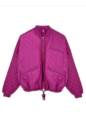 FREE PEOPLE Easy Quilted Bomber Jacket Pink Fuchsia Cropped Zip, Size M thumbnail 2