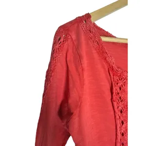 Free People Truly Madly Red Crochet Lace 3/4 Sleeve Boho Cotton Top Size Small thumbnail 3