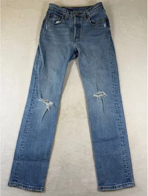 Levis 501 Original Fit Jeans Light Wash Distress High Rise Straight Leg Denim 25 thumbnail 1