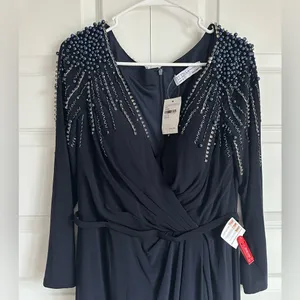 Leena Mac Duggal Long Sleeve Jersey Wrap Gown‎ Dress Embellished V Neck Midnight thumbnail 5