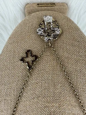 Long Gold Tone Cross Statement Pendant Necklace Double Cross Charm thumbnail 6