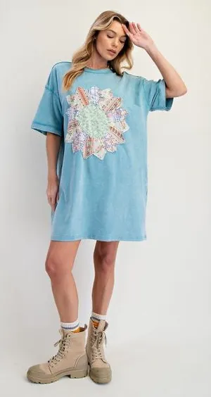 Easel | BOHO PATCH MINERAL WASHED T-SHIRT DRESS BLUE, M thumbnail 1