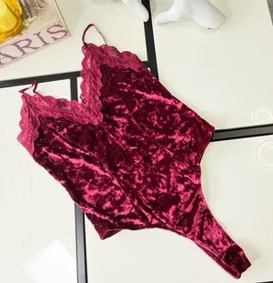 Bozzolo Burgundy Crushed Velvet Lace-Trim Bodysuit (Size L) ✨ thumbnail 1