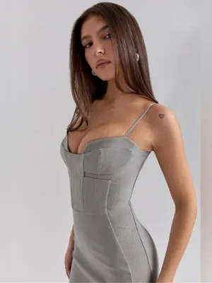 House of CB KIKI Light Grey Mesh Panelled Bodycon Midi Dress L thumbnail 3