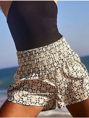 Free People Black & Cream Geometric Pattern Printed Smocked Waist Shorts thumbnail 9