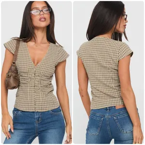 Princess Polly Womens Beige Check Indulgence Corset Gingham Ruched Top Size 4 thumbnail 2