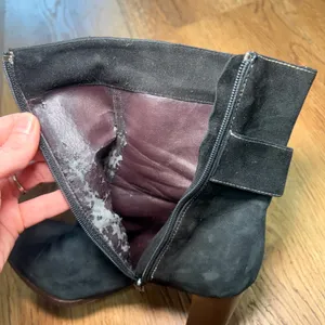 Theory Black Suede Ankle Boots Brown Buckle Stacked Heel Made in Italy Size 7.5 thumbnail 11