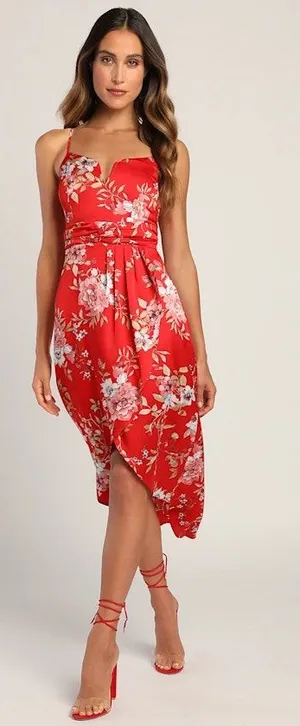NWT Lulus My Favorite Day Red Floral Print Tulip Skirt Midi Dress Party Size XS thumbnail 1