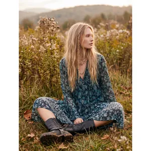 Free people Bohemian See it through Maxi Dress Twilight Floral Large Retro 70s thumbnail 15
