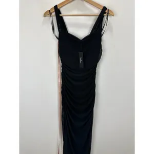 Lulus Amazing Presence Black Mesh Ruched Column Maxi Dress Long Formal Small NWT thumbnail 6