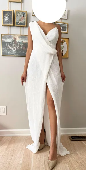 WHITE SEQUIN SLEEVELESS CHAIN CROSS WRAP V NECK DRAPE SPLIT MAXI DRESS thumbnail 1