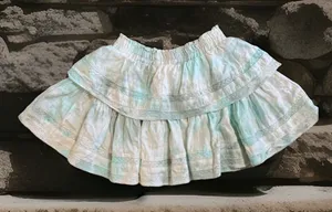 Y2K C&V‎ Chelsea Violet collection M Tiered Lace Insert Ruffle Mini Linen Skirt thumbnail 1