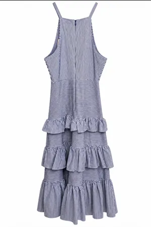 Just Me Blue Striped Tiered Ruffle Halter Midi Dress thumbnail 5