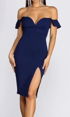 Windsor Elegant Navy Blue Off-Shoulder Dress thumbnail 1