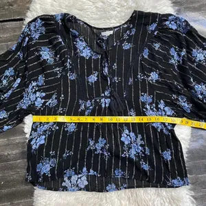 Maurices Black Blue Floral Stripes Print Quarter Sleeve Flowy Blouse Boho Rodeo thumbnail 7