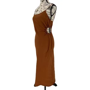 Zara Cut-Out Linen Blend‎ Midi Dress Rust Brown Women's XS EUC thumbnail 4